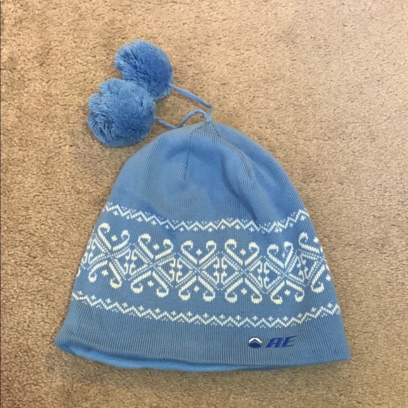American Eagle Baby Blue Double Puffballs Beanie/Stocking Cap/Toboggan - Picture 5 of 5